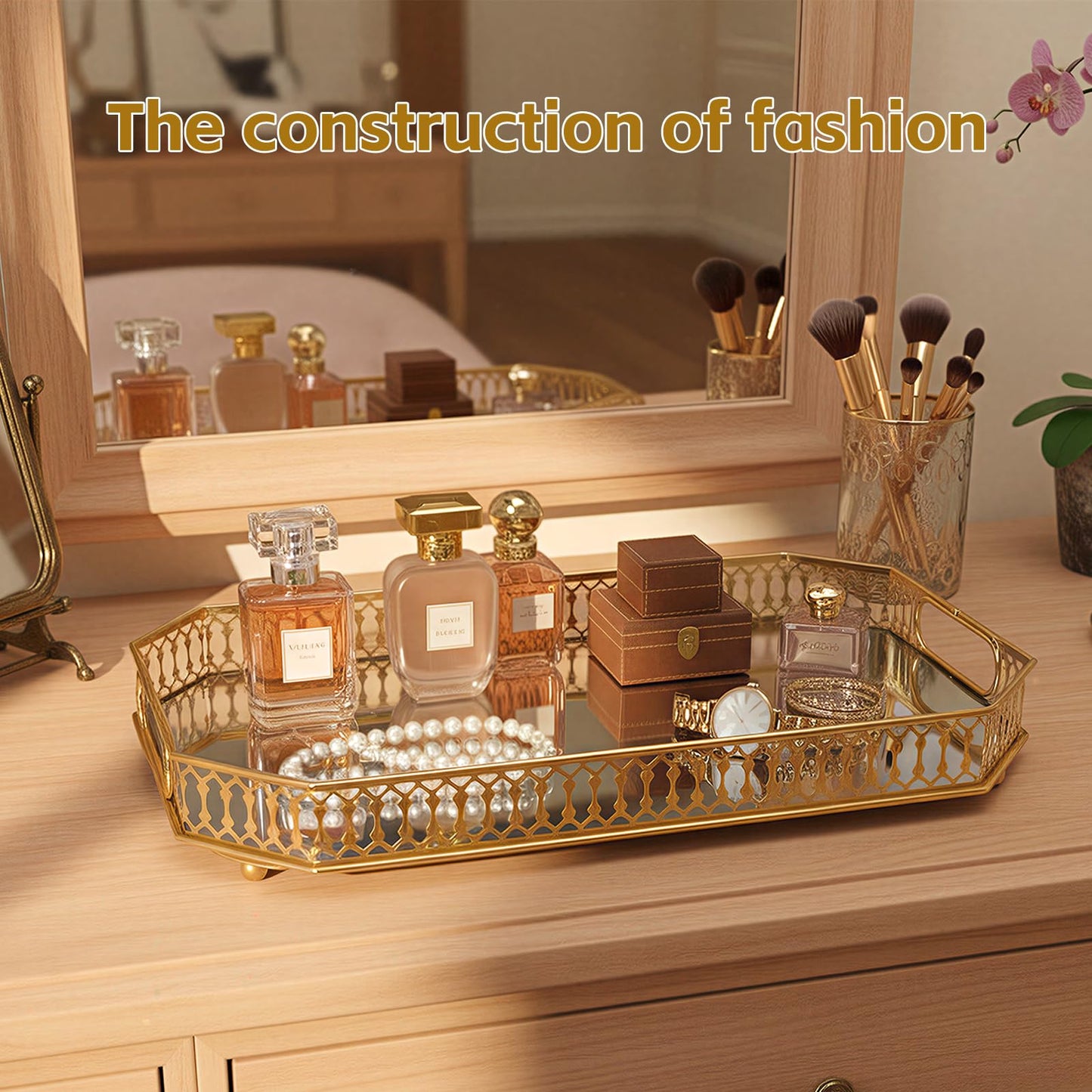 xiaojuande Durable Decorative Organizer for Dresser, Bedroom, Bathroom Countertops - Spacious with Handle in Your Desk Space Scratch-Resistant - Gold(Large)