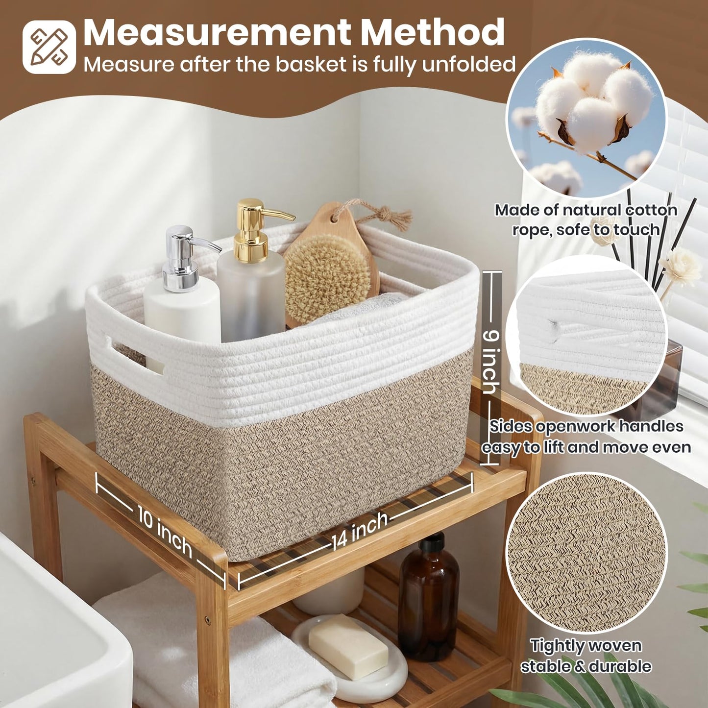 Storage Baskets for Organizing, 14 x 10 x 9” Closet Shelf Woven Baskets, Square Bins with Handles, Cotton Rope Basket for Clothes, Office, Room, White+Rice Brown 3 Pack