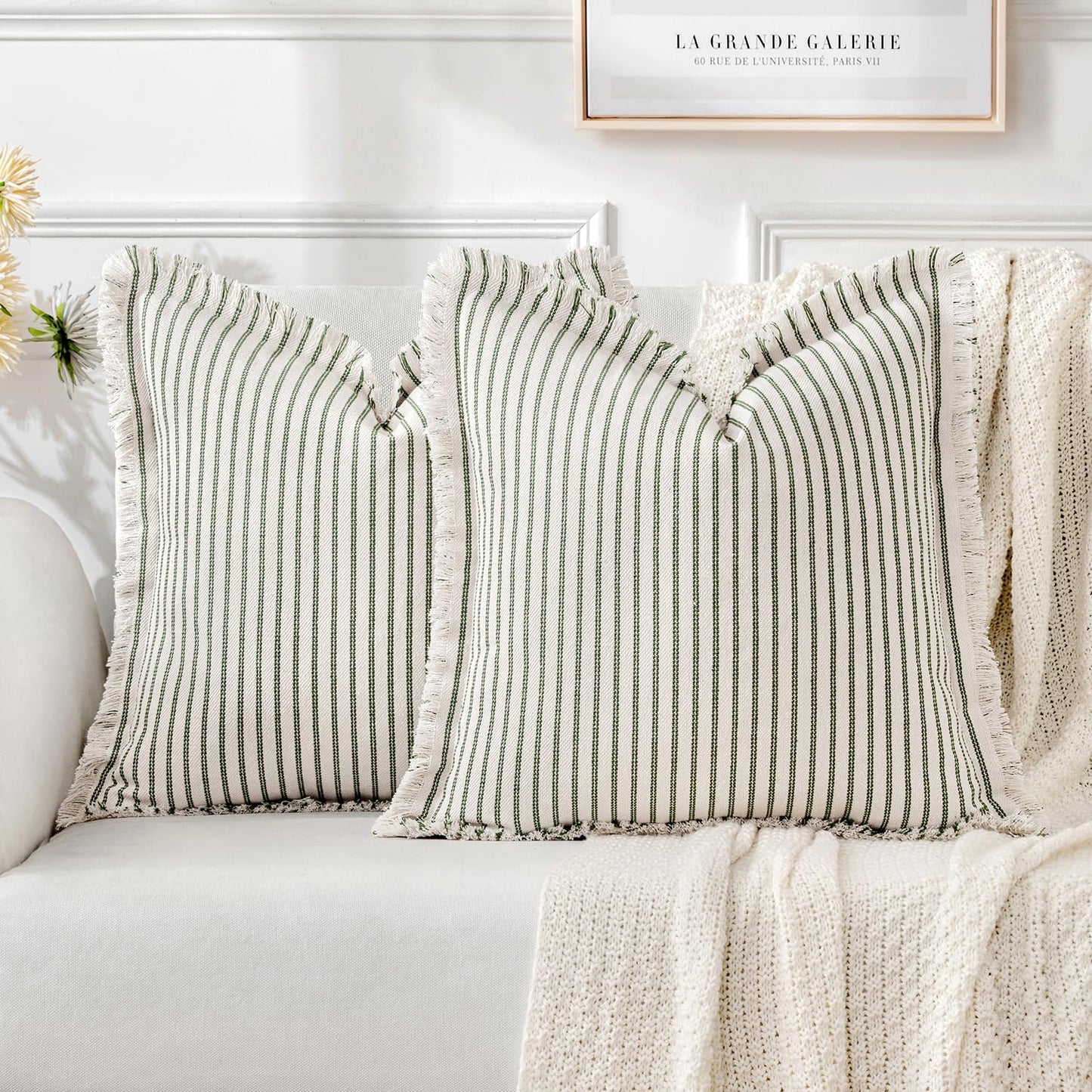 MIULEE Pack of 2 Olive Green Christmas Pillow Covers 20x20 Inch Striped Farmhouse Couch Spring Throw Pillow Covers with Fringe Chic Linen Decorative Cushion Covers for Sofa Living Room Bed Home Decor