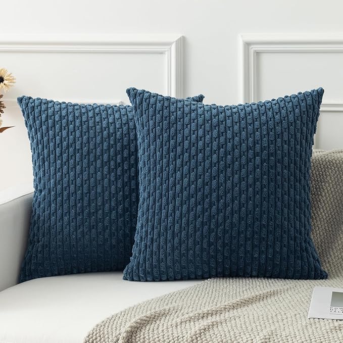 Kevin Textile Pack of 2 Blue Corduroy Decorative Throw Pillow Covers 16x16 Inch Soft Boho Striped Pillow Covers Modern Farmhouse Home Decor for Autumn Sofa Living Room Couch Bed