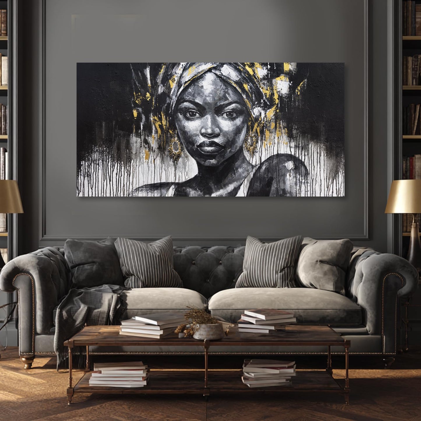 ZUNARE African American Portrait Canvas Wall Art Black and White Pictures with Gold Accents, Modern Cultural Black Woman Artwork for Living Room Bedroom Decor 24x48