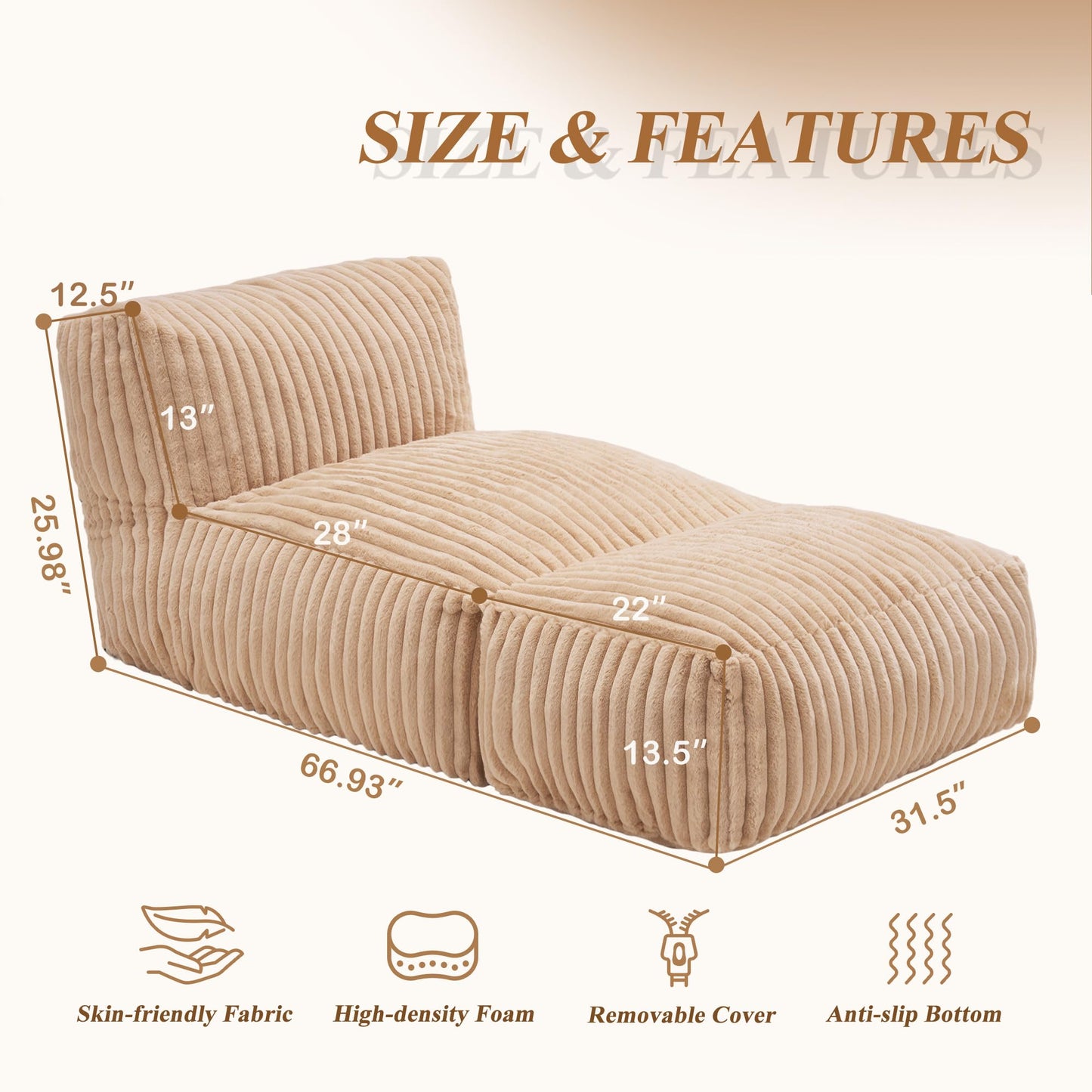 Bean Bag Chairs for Adults Giant Bean Bag Chair Memory Foam BeanBag Chair Bean Bag Sofa with Filler Faux Fur Fireside Beanbags Lazy Sofa for Living Room Bedroom Office (Khaki, Large)