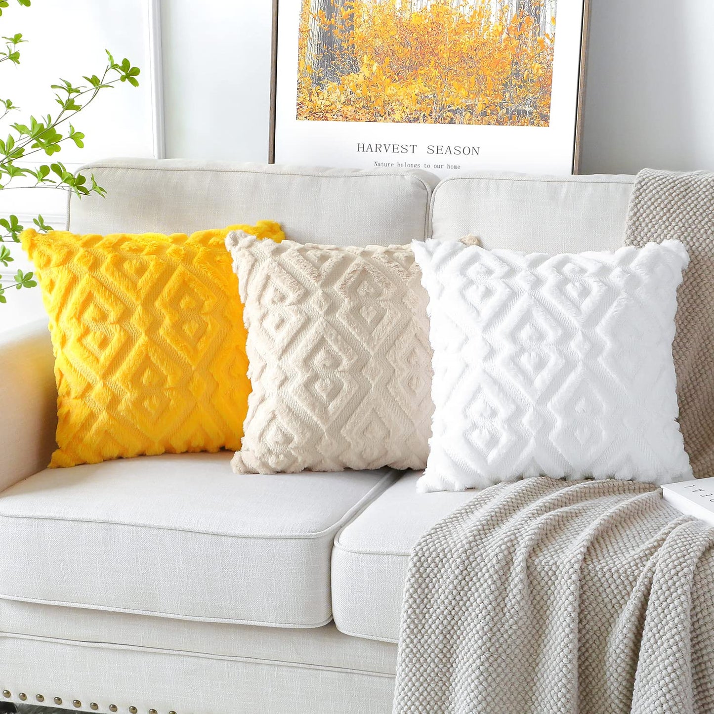 Artscope Pack of 2 Soft Plush Short Wool Velvet Decorative Throw Pillow Covers Luxury Style Cushion Covers European Pillow Shell for Sofa Bedroom Diamond Shape Pure White, 12x12 Inch