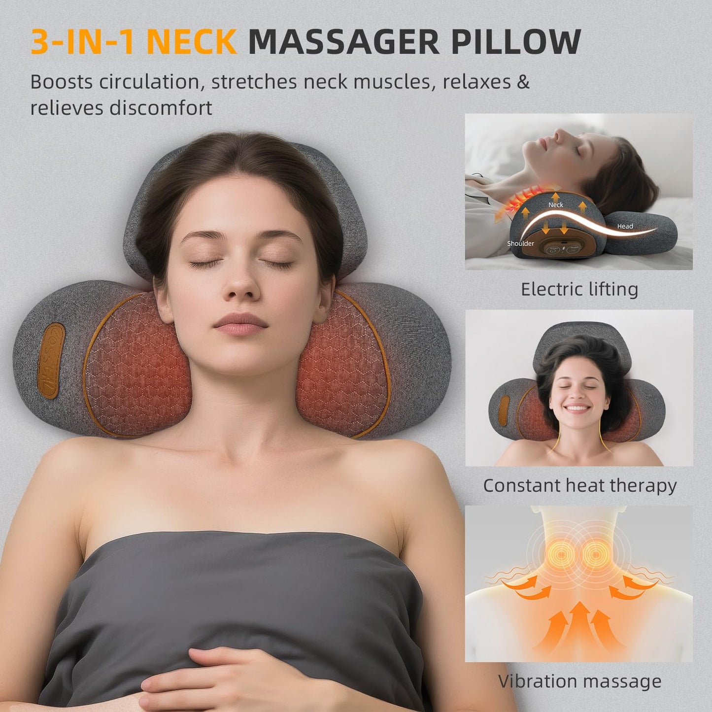 Voluart 3-in-1 Neck Massager Pillow with Heat & Traction, Deep Tissue Cervical Traction Device for Neck Hump Corrector, Shoulder & Upper Back Pain Relief, Relaxing TheraPillow Support