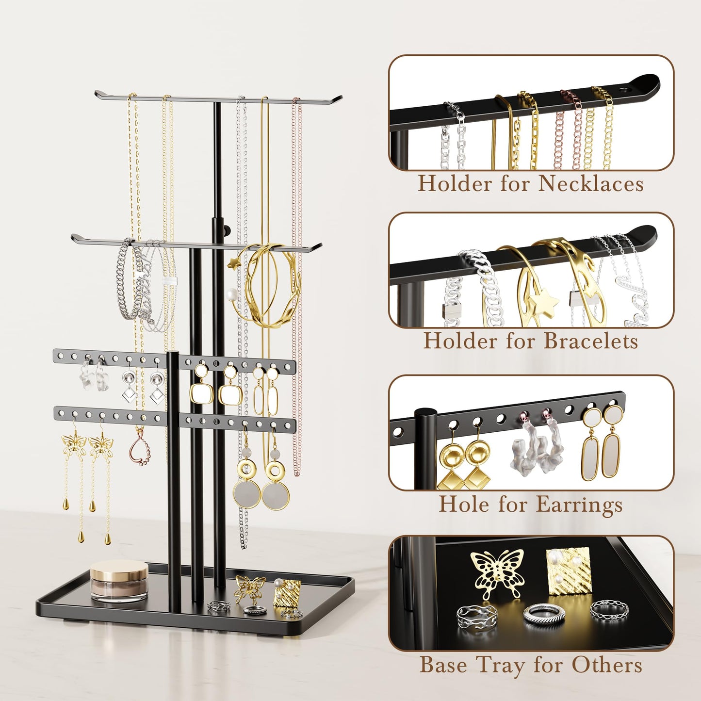 susswiff Jewelry Holder Organizer Stand - Adjustable Jewelry Tree 17.5" Height (Max), Jewlery Hanger for Necklaces, Bracelets, Earrings, Aesthetic for Storage and Display, Metal, Black