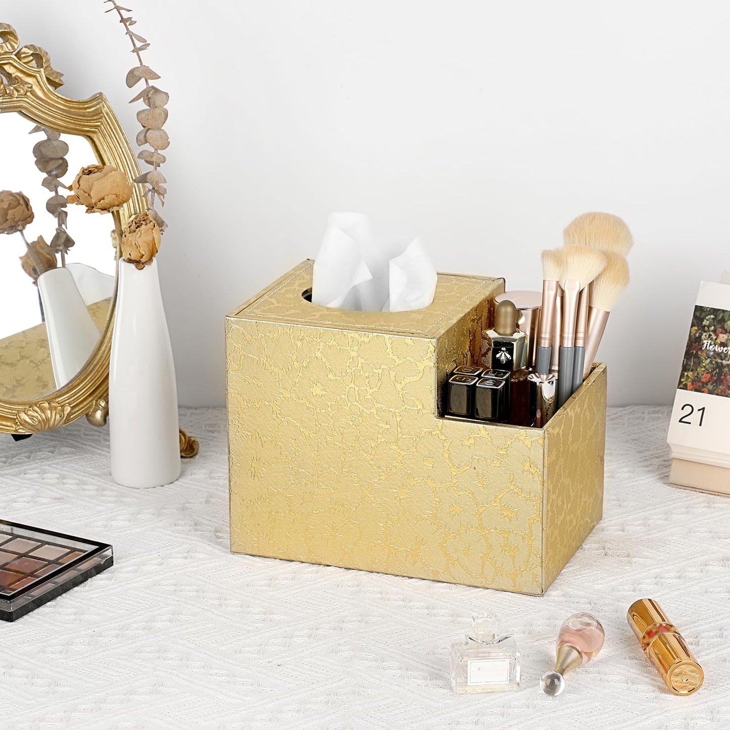 Sumnacon Square Leather Tissue Box Cover - PU Cube Tissue Box Holder with Side Organizer, Decorative Tissue Box for Living Room Vanity Night Stand Desk Countertop Office, Gold