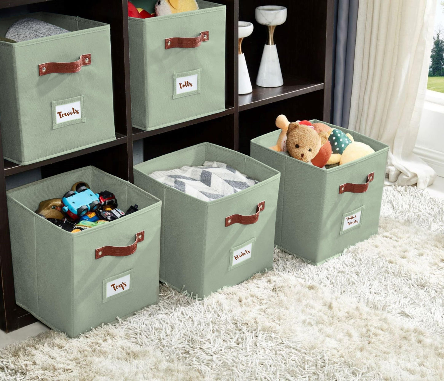 DECOMOMO Storage Bins, Cube Storage Bin with Labels, Fabric Storage Cubes for Shelves (10.5" x 11" / 6pcs, Sage Green)