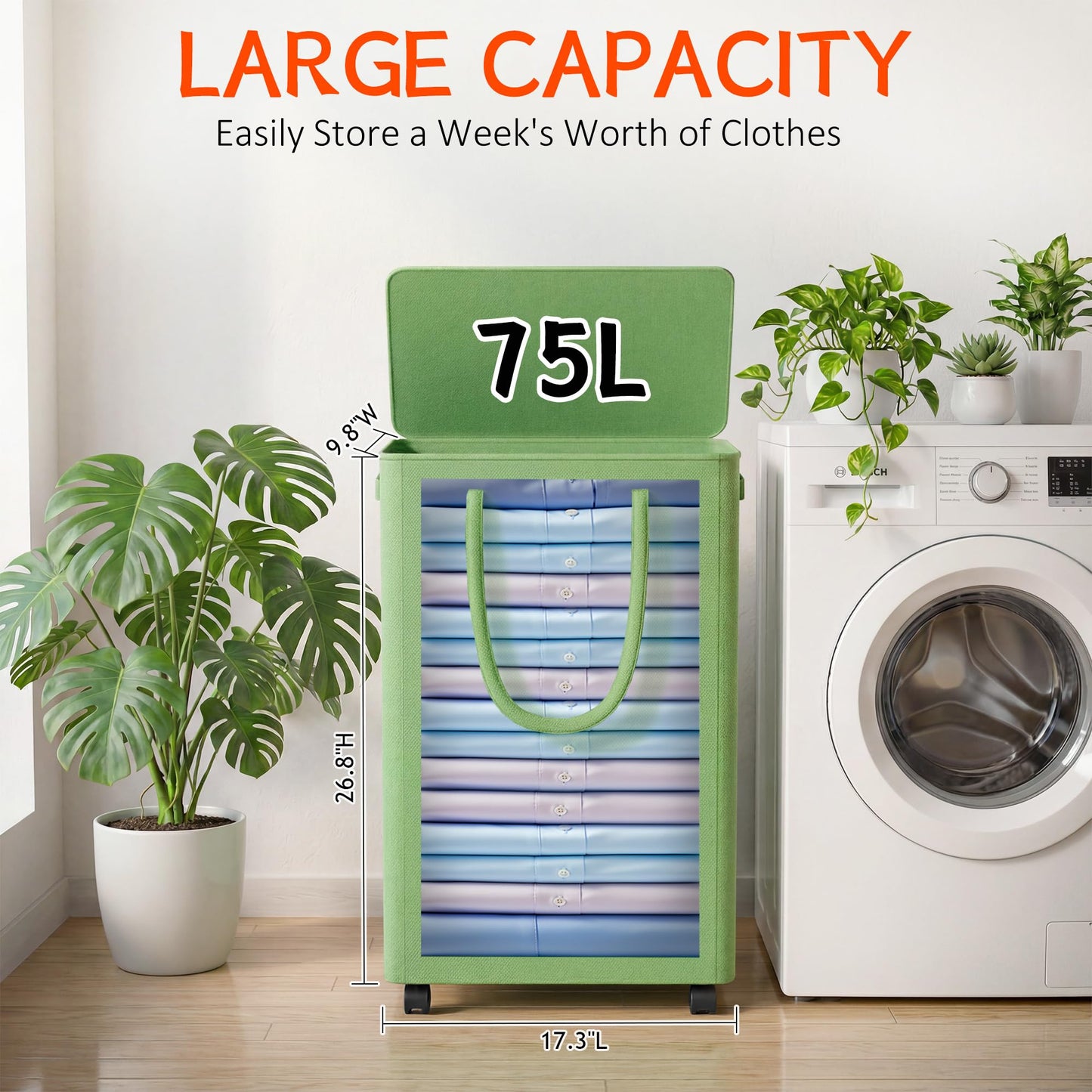 Slim Laundry Hamper with Wheels,20 Gal (75L) Rolling Laundry Basket with lid and wheels Clothes Hamper Foldable Tall Dirty Clothes Basket Sturdy Collapsible Clothes Hamper for Dorm,Laundry Room