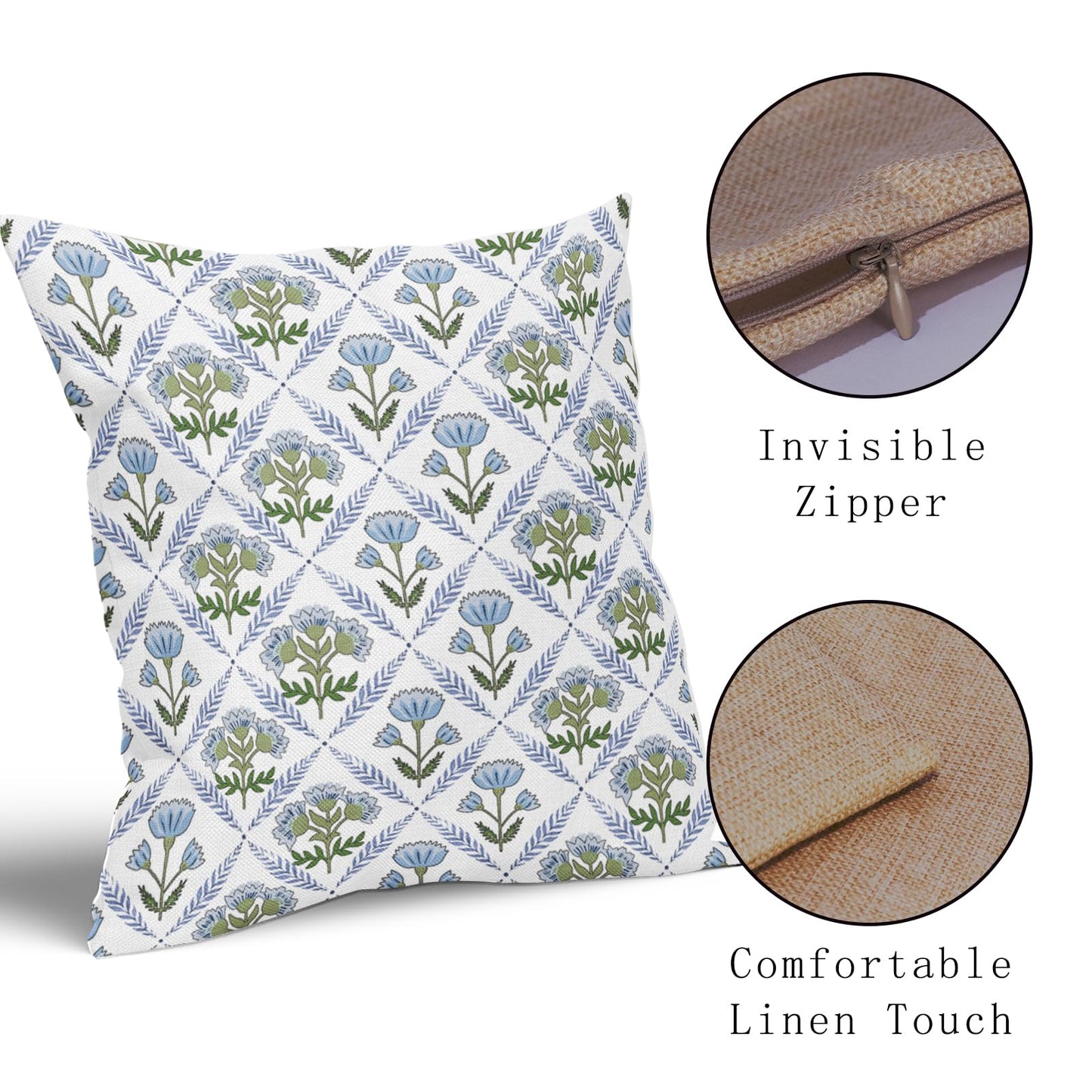 aportt Blue Green Block Print Pillow Covers 18X18 Inch Set of 2 Boho Flower Decorative Pillow Cases Spring Summer Rustic Cotton Linen Cushion Case Farmhouse Home Decor for Sofa Couch Living Room