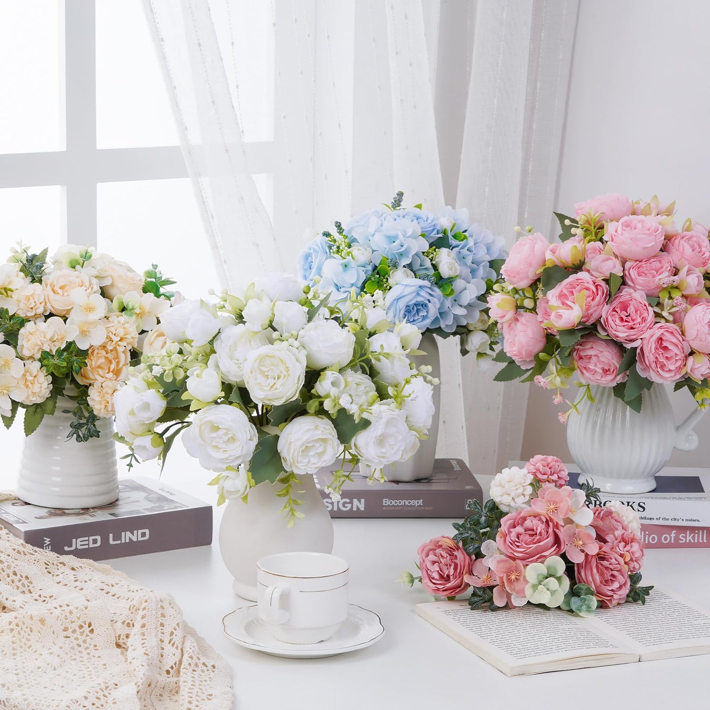 MARTINE MALL 2 Packs Peonies Artificial Flowers, Light Pink Artificial Peonies, Silk Peonies Flowers Fake Peonies Artificial Flowers Peonies Bouquet for Centerpiece Table Wedding Party Home Decor