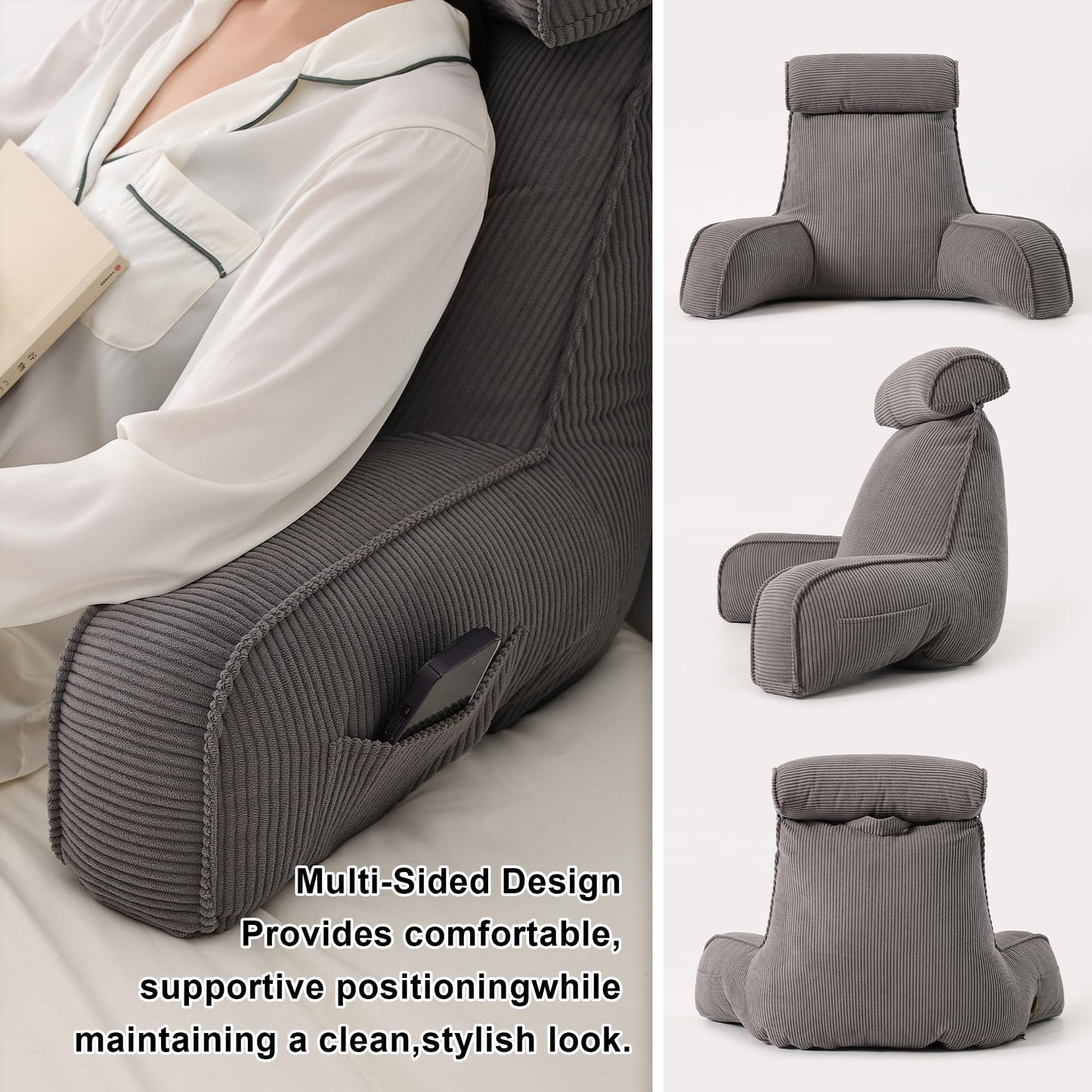 Ailuteie Reading Pillow for Sitting Up in Bed, Sofa & Floor – Corduroy Backrest Pillow with Arms, Side Pockets & Washable Cover, Bed Rest Pillow Back Support, Dark Grey
