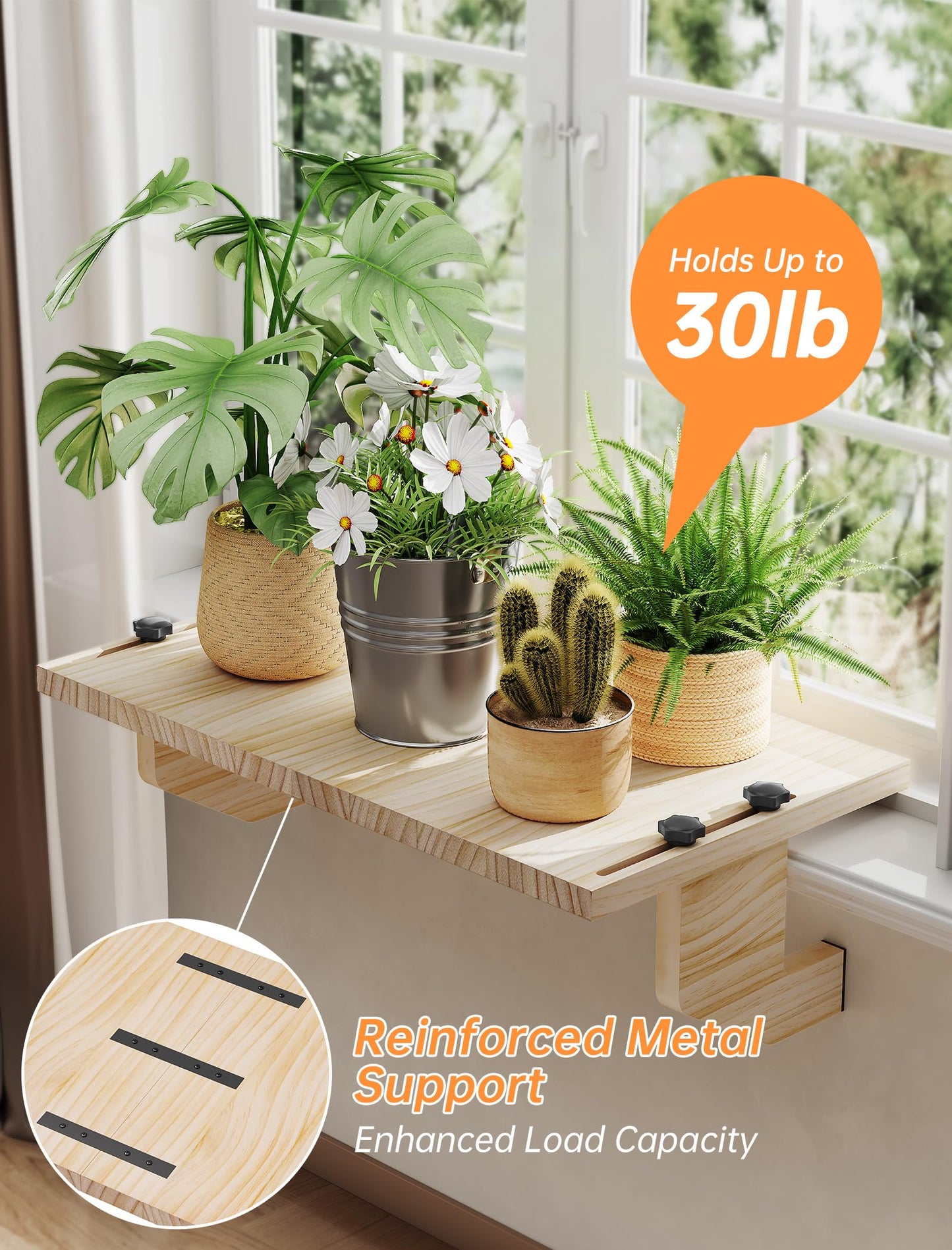 NiHome Window Sill Extender Plant Shelf, No Drill Wood Adjustable 21.2x11.8