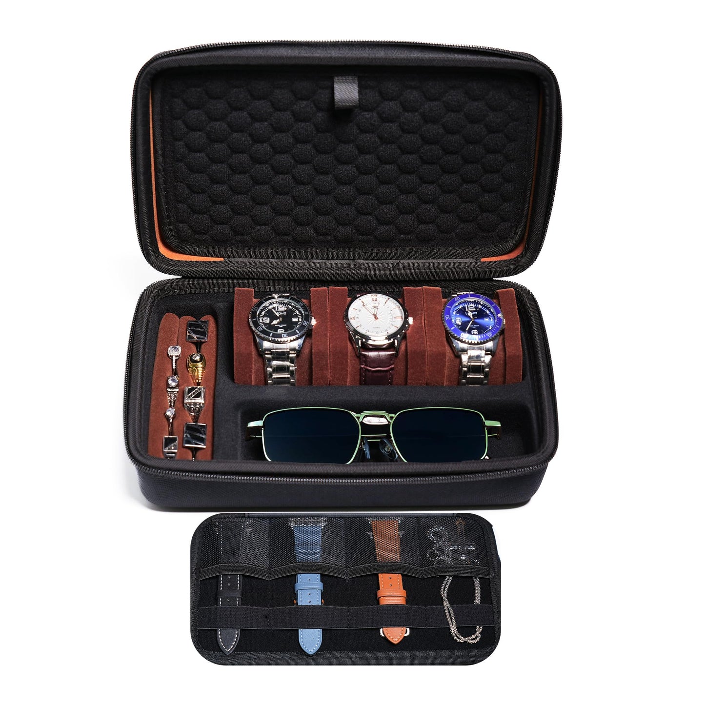 AUKURA 3 slot watch case for travel, 2 layer watch jewelry case organizer with watch band inserts, compartments for glasses,rings