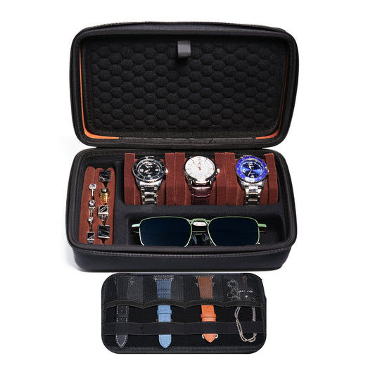 AUKURA 3 slot watch case for travel, 2 layer watch jewelry case organizer with watch band inserts, compartments for glasses,rings