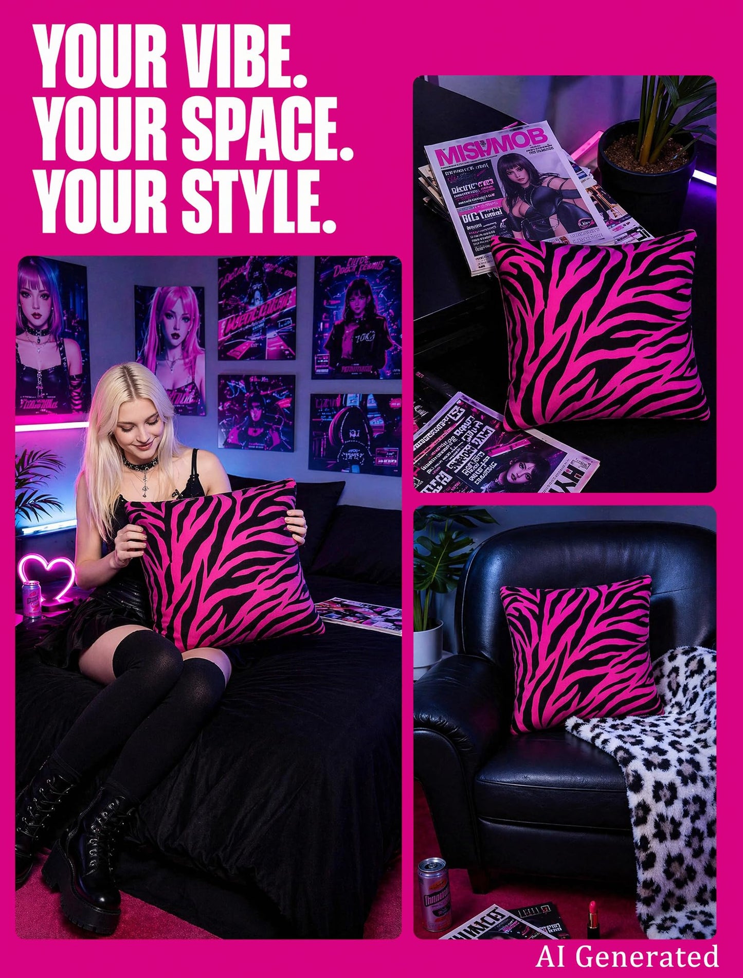 Pecfamly Y2K Pink and Black Zebra Print Throw Pillows (Covers Only No Pillow Inserts) Hot Pink Mcbling Trashy Y2K 2000S Baddie Scene Room Bedroom Decor for Teen Girls Women