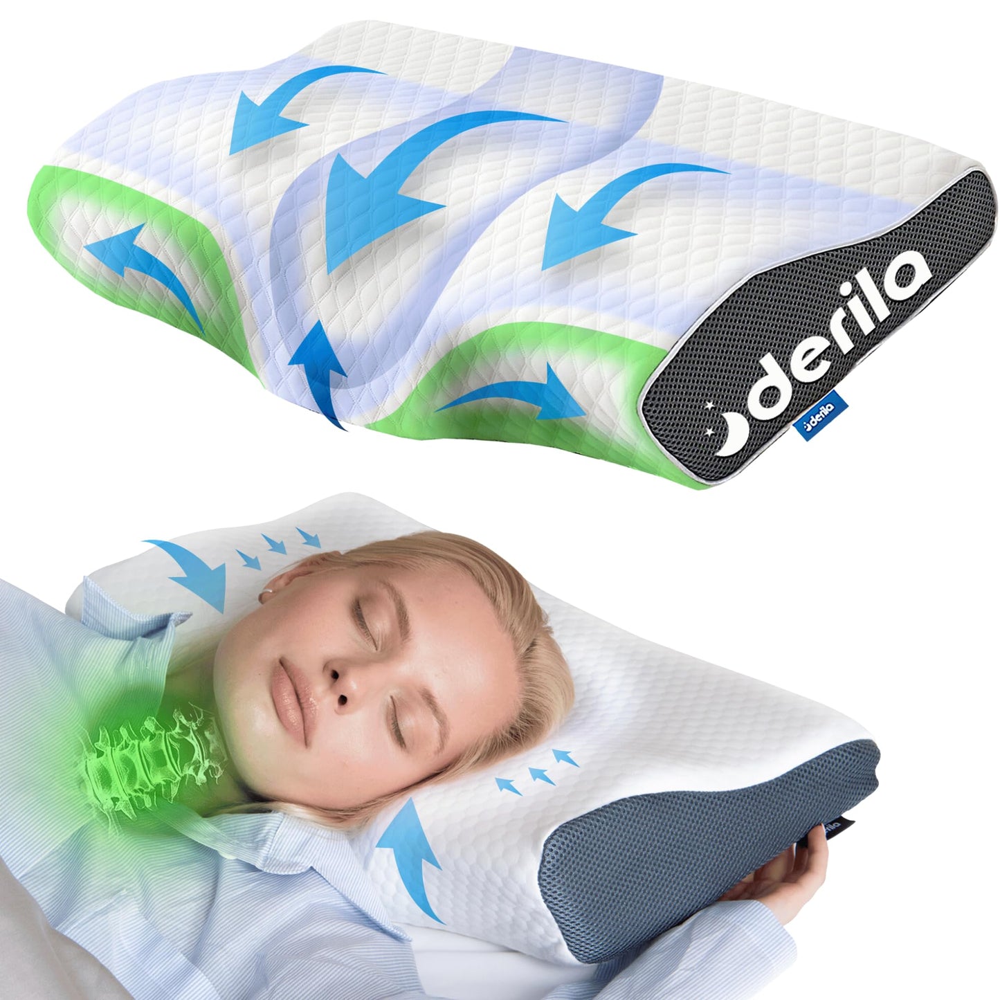 Derila Cervical Queen Size Pillow for Sleeping - Support Pillow for Side, Back, Stomach Sleepers - Contour Best Bed Pillows for Sleeping 23.6" x 13.4" x 4.3"