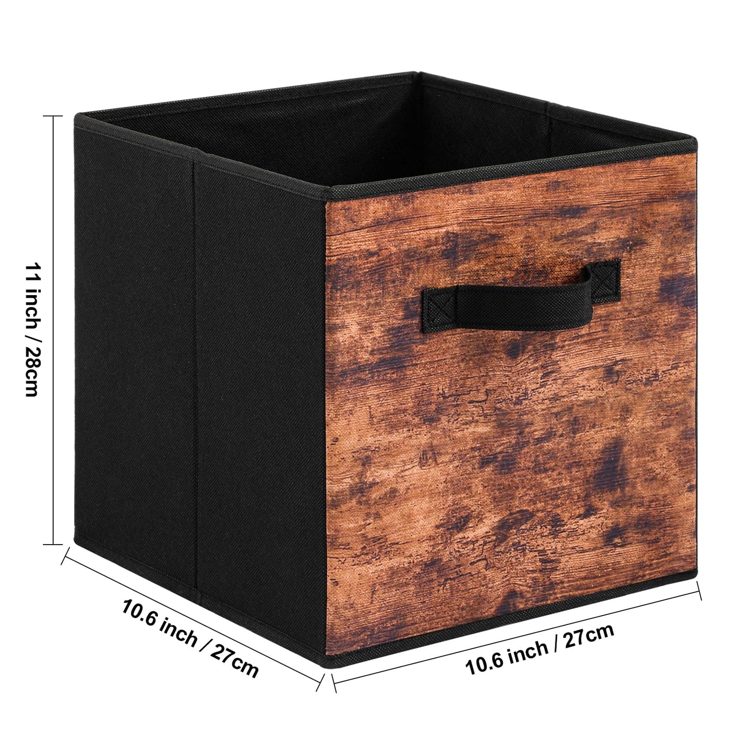 Stero Fabric Storage Cubes, 6 Pack Foldable Storage Bins with Handle, 11 Inch Box for Shelves, Closet, Organizer, Rustic Brown and Black