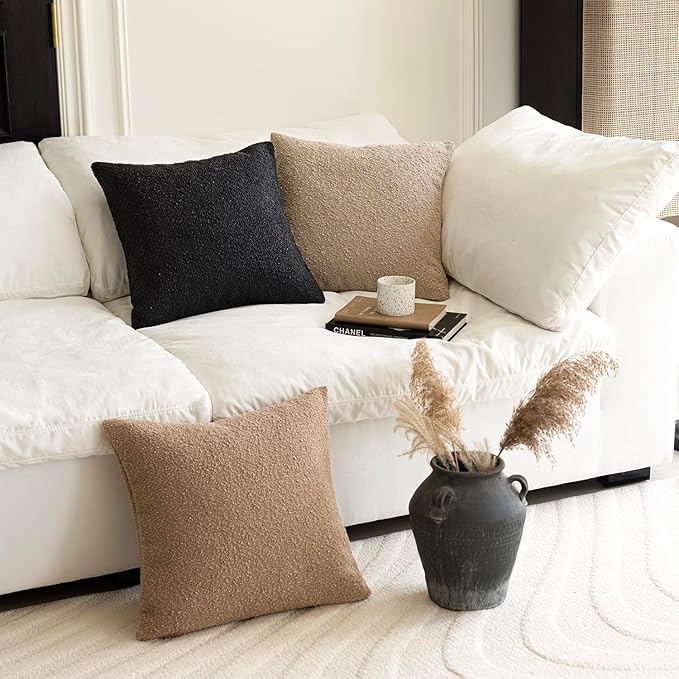 Foindtower Decorative Textured Boucle Throw Pillow Covers Accent Solid Pillow Cases Neutral Soft Cozy Couch Cushion Case for Chair Sofa Bedroom Living Room Home Decor 24 x 24 Inch,Black