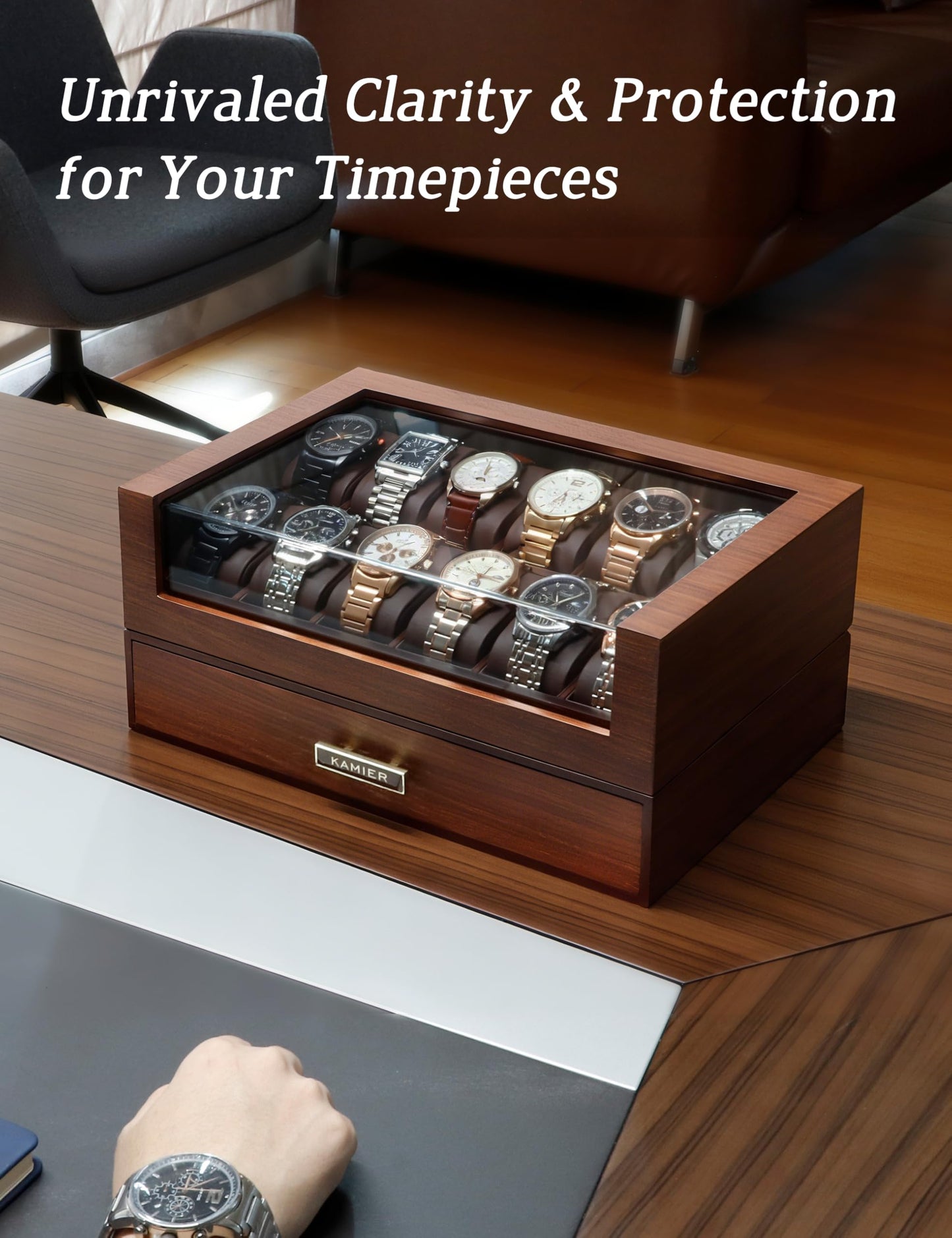 High End Watch Box for Men, 12 Slot Wooden Watch Case With Drawer, Watch Display Box with Glass Lid, 2-Layer Watch Holder for Jewelry and Watch Storage for Men Women , Ideal for Gift (With Gift Box)
