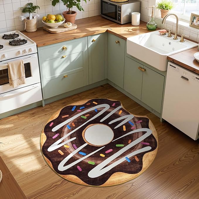 jinchan Cute Round Rug 4ft Chocolate Donut Fun Rug Washable Playroom Mat Sweet Dessert Circle Cool Rug Non Slip 4' Round Soft Cozy Floor Mat Funky Gift for Kids Teens Dorm Bedroom Playroom