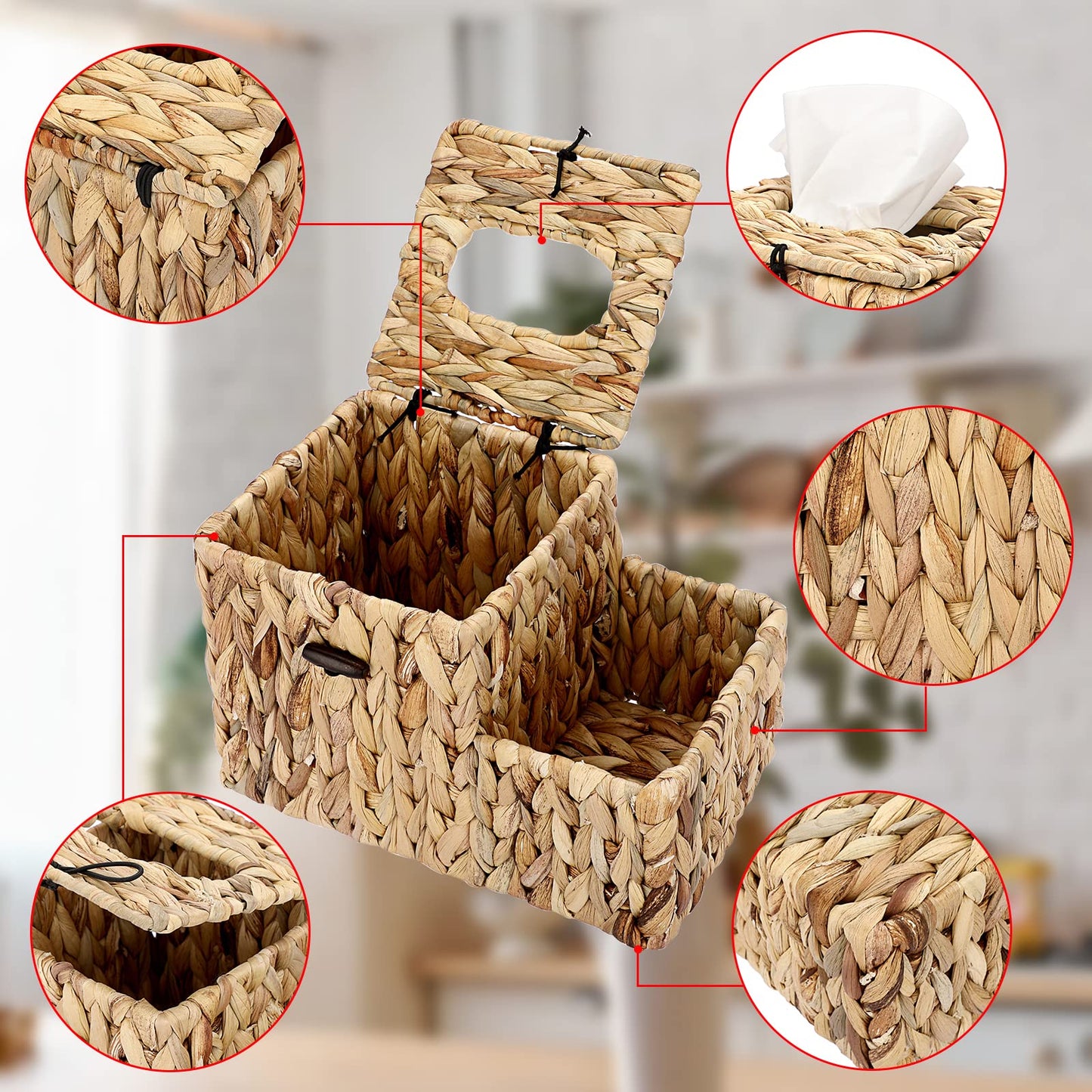 Sumnacon Square Woven Tissue Box Cover - Decorative Cube Wicker Tissue Box Holder with Side Organizer, Rustic Water Hyacinth Tissue Holder for Living Room Vanity Night Stand Table Countertop Office