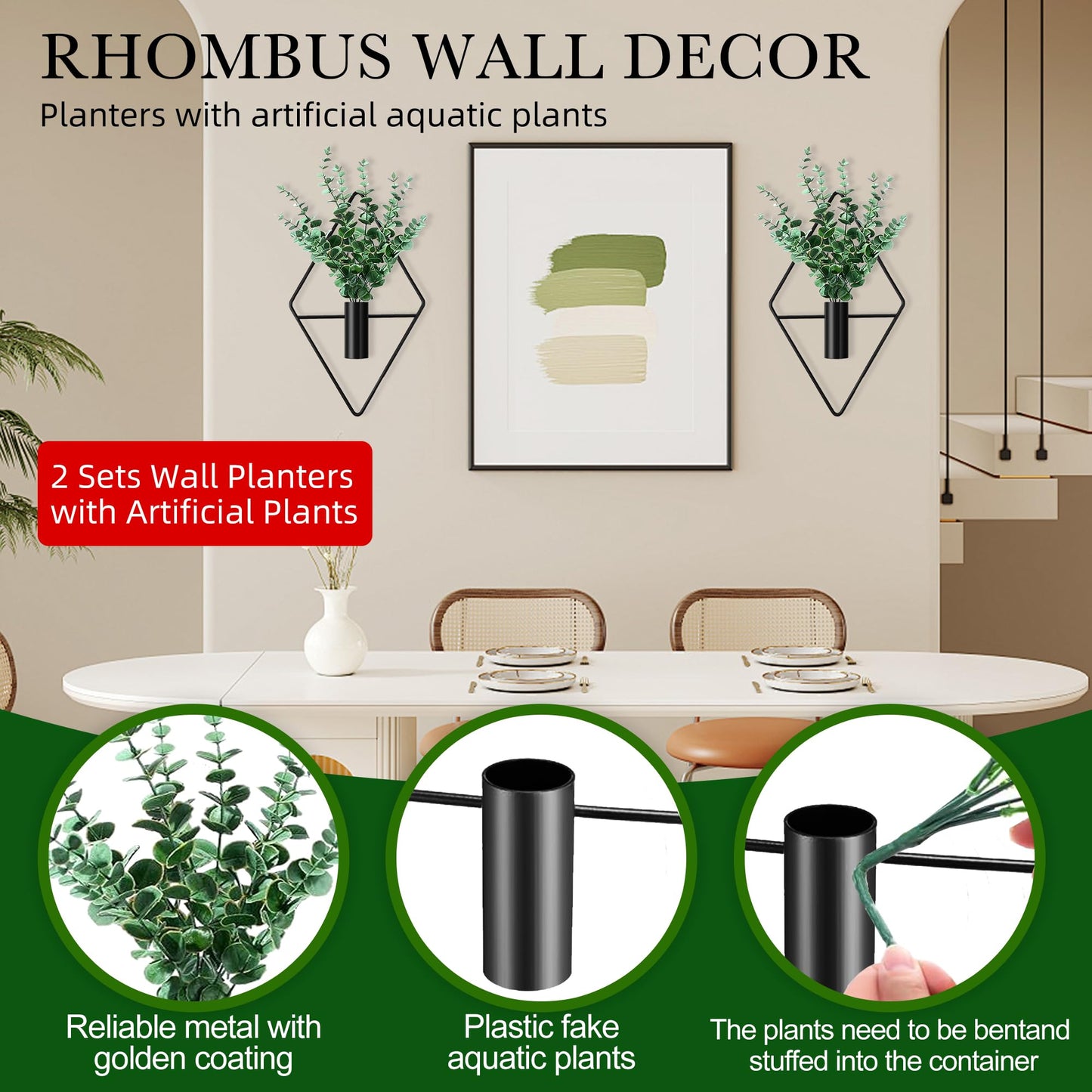 LZRHORR 2 Pack Black Wall Decor Hanging Planters with Artificial Plants Metal Hanging Vase Indoor Plants Holder Modern Boho Wall Art for Bathroom Bedroom Living Room Office (Black, Eucalyptus)