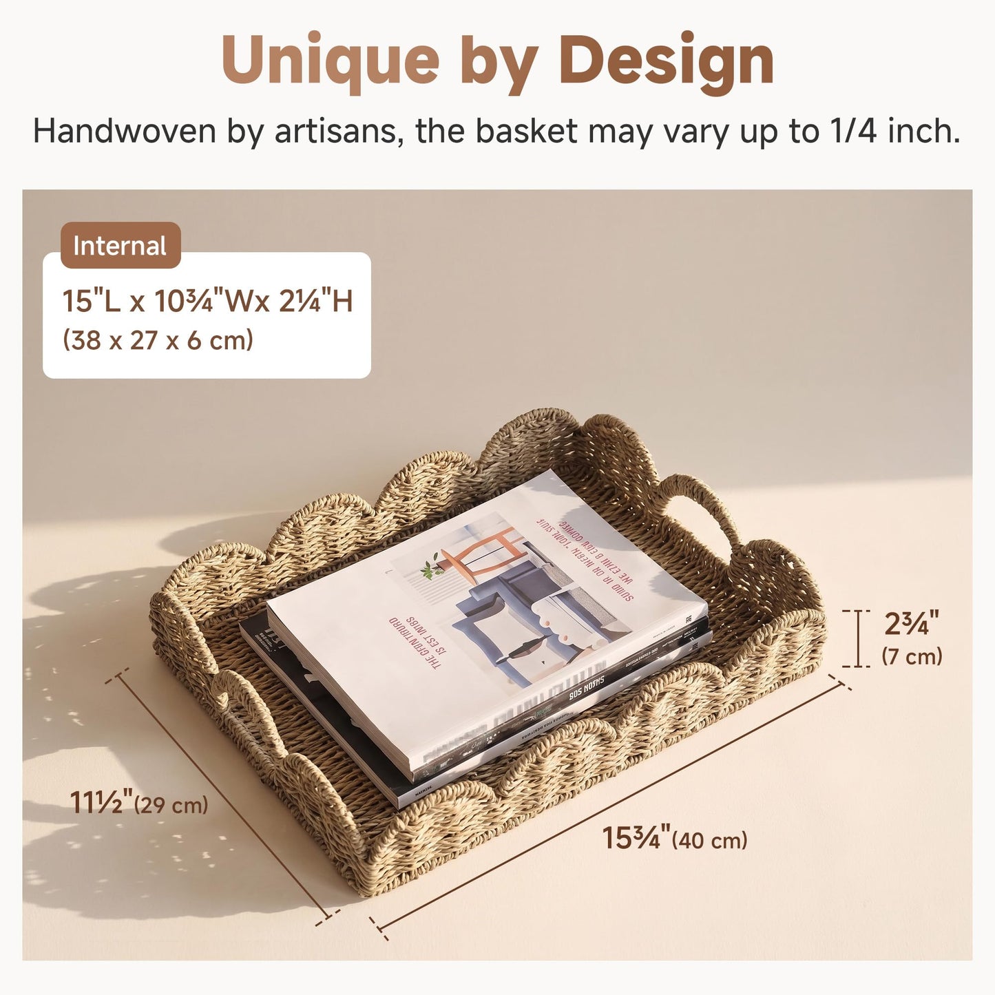 StorageWorks Rectangle Wicker Scalloped Tray, Rattan Serving Trays with Handles, Seagrass Basket for Decorative & Organizing, 15.75" L x 11.5" W x 2.75" H