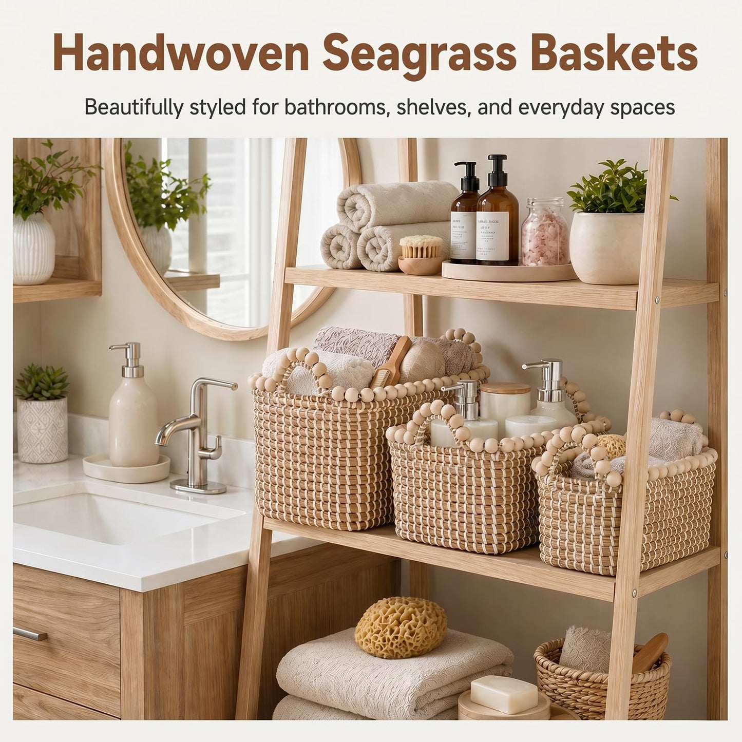 Handwoven Seagrass Shelf Baskets, Set of 3 Decorative Storage Bins with Bead-Accented Handles, Vietnamese Woven Baskets for Entryway, Bathroom, Bedroom, and Living Room