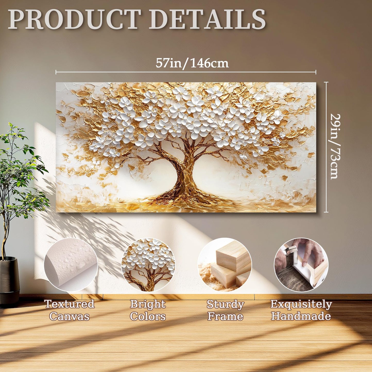 SERIMINO White Gold Tree of Life Wall Art, Blooming Flower Tree Extra Large Artwork, Abstract Landscape Canvas Art Prints, Modern Oversized Pictures Wall Decor Living Room Office Ready to Hang 29"X57"