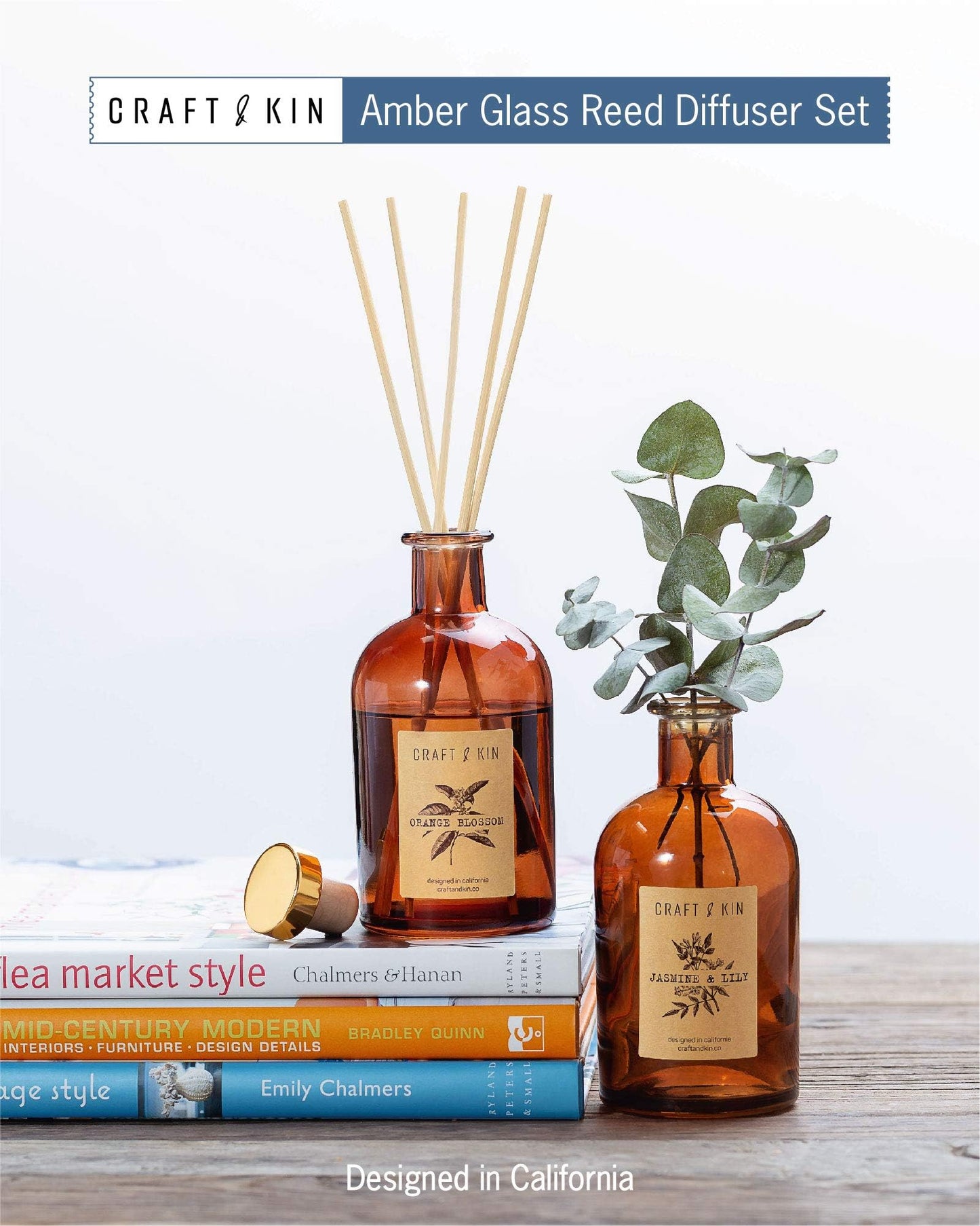 Craft & Kin Lily & Jasmine Reed Diffuser – 5.75 oz Essential Oil Diffuser for Home & Bathroom – Up to 120-Day Fragrance with 8 Rattan Scent Sticks – Amber Glass Room Decor
