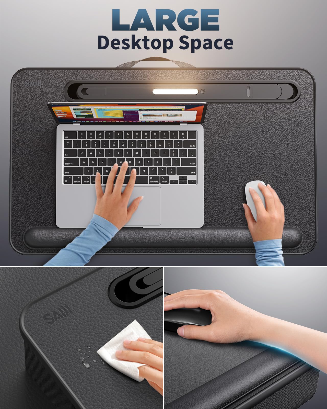 SAIJI Lap Desk with LED Light, Portable Laptop Tray with Cushion - Fits Up to 17" Laptops & MacBook, Lap Table Stand for Bed and Couch, Lap Desk for Writing and Reading