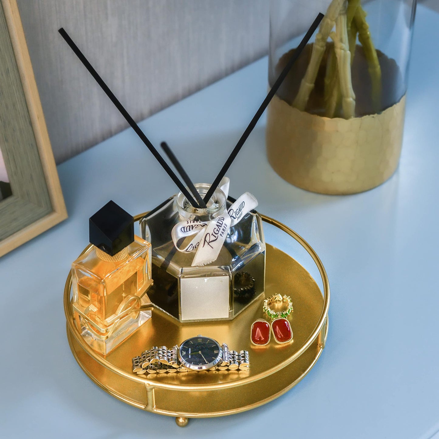 Jewelry Tray Perfume Display Organizer Bathroom Storage Vanity Tray Tabletop Display for Cosmetic, Candle, Jewelries, 8" Round Gold, Small