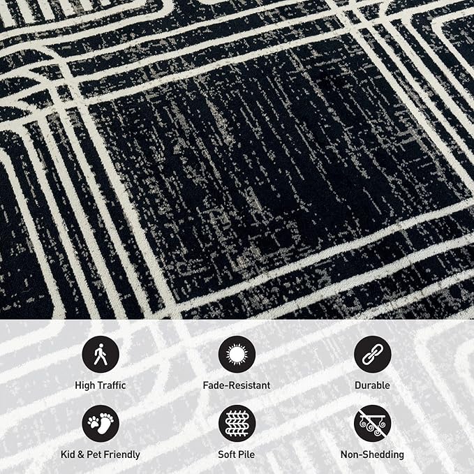 Rugshop Black and White Geometric Area Rug – Abstract Curved Line and Square Pattern Carpet for Living Room, Bedroom, or Office – Contemporary Soft Floor Décor 4' x 6' Black