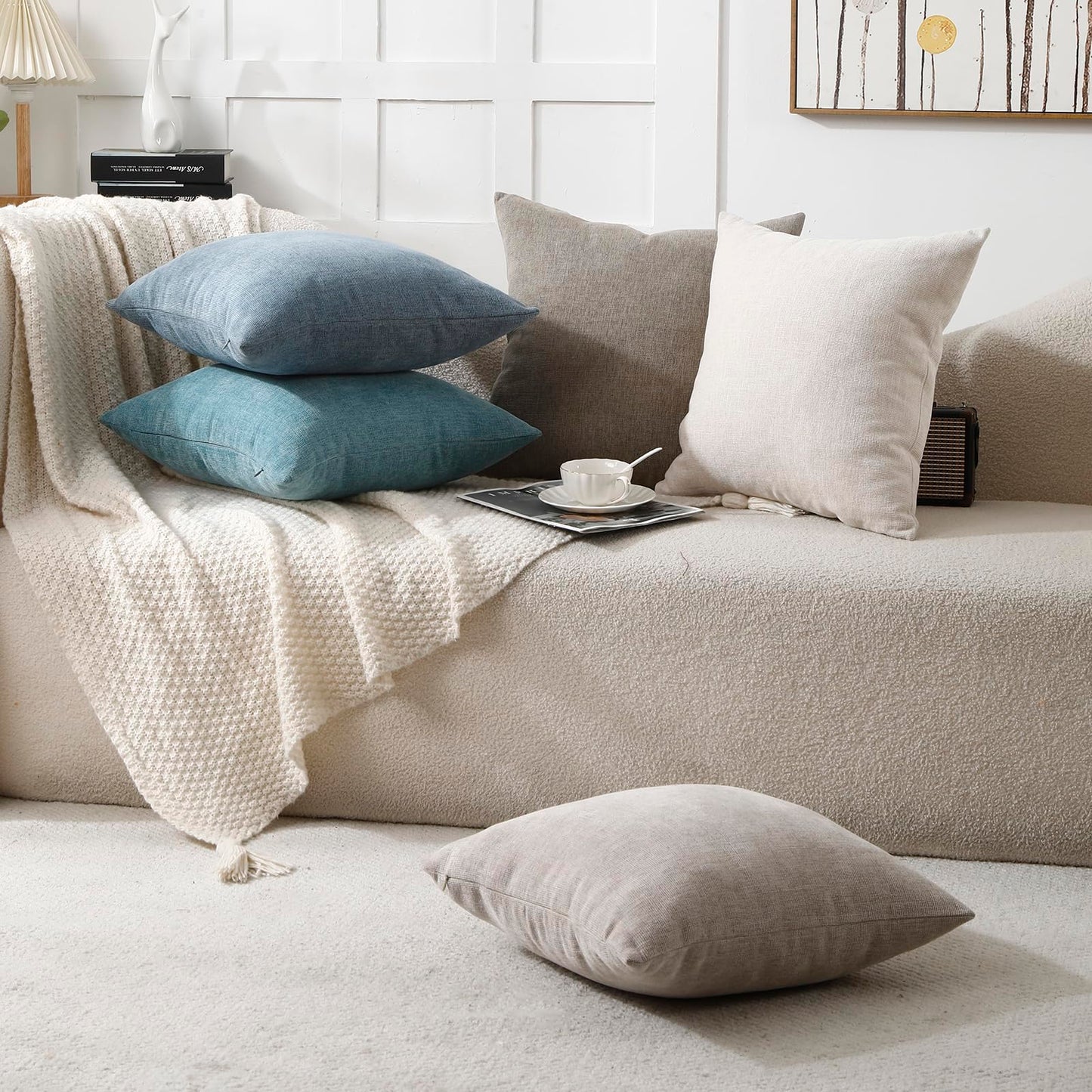 Jepeak 24x24 Inch Decorative Chenille Throw Pillow Covers, Pack of 2 Cozy Concise Pillow Cases Soft Farmhouse Modern Square Cushion Covers for Sofa Couch Bed Living Room Home Decor, Beige