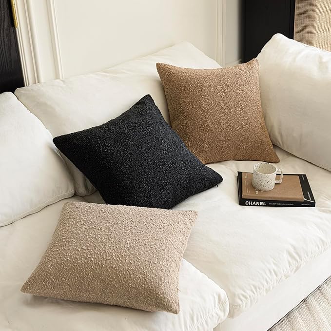 Foindtower Decorative Textured Boucle Throw Pillow Covers Accent Solid Pillow Cases Neutral Soft Cozy Couch Cushion Case for Chair Sofa Bedroom Living Room Home Decor 26 x 26 Inch,Black