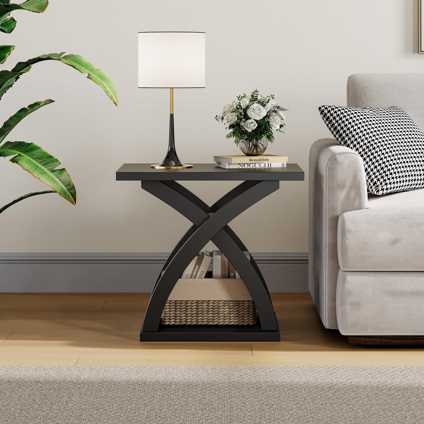 ChooChoo End Side Table, Modern End Table with Storage Shelf, X-Design Side Table Living Room (Black)