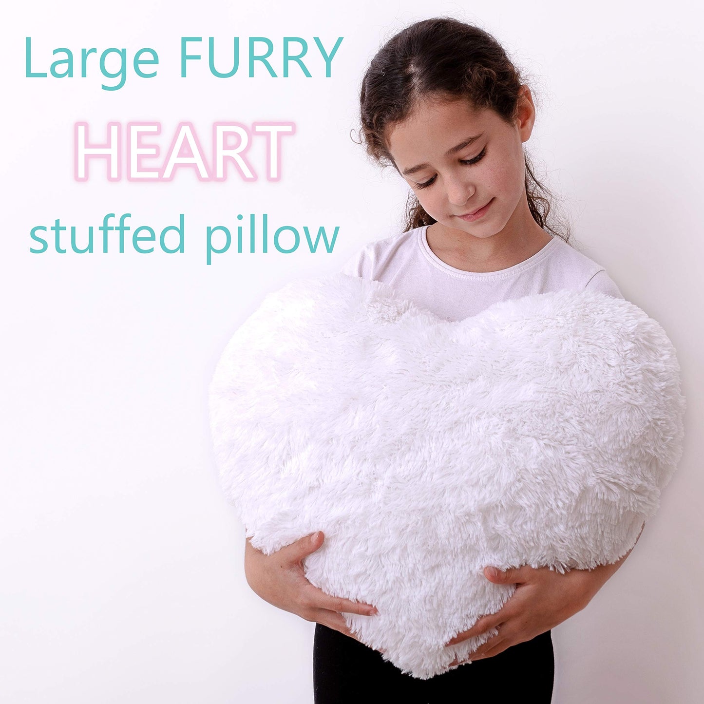 PERFECTTO Set of 2 Decorative Throw Pillows for Girls. White Fluffy Heart and Soft Rainbow Pillow. Plush Pillows for Kid’s Bedroom Décor Toddlers Princess Room, Fun and Cozy for Teepee Tent