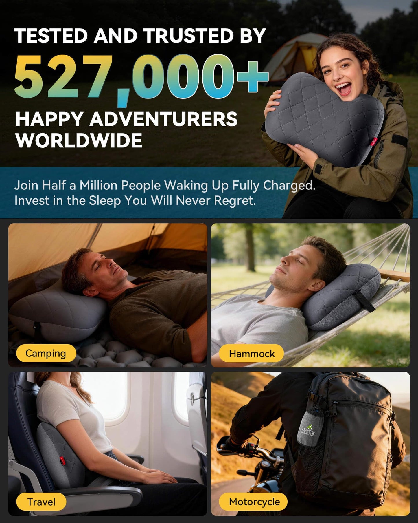 Hikenture Ultralight Inflatable Pillow with Removable Cover for Neck Lumber Support - Upgrade Washable Travel Air Pillows for Camping, Hiking, Backpacking (Grey)