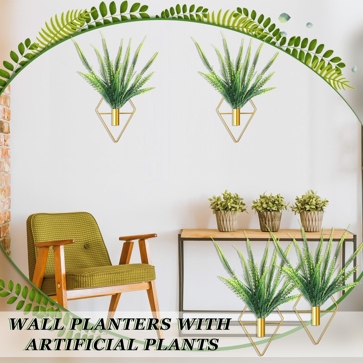 Canlierr 2 Pieces Gold Wall Decor Hanging Planters with Artificial Plants Metal Vase Indoor Plants Holder Modern Geometric Wall Art for Home Bathroom Bedroom Living Room Office(Boston Fern,Large)