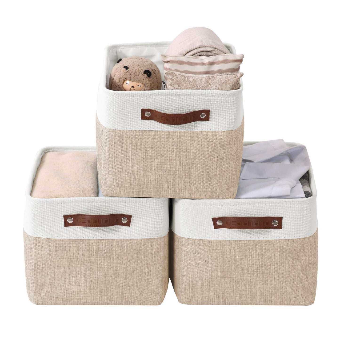 DECOMOMO Storage Bins, Large Fabric Storage Baskets for Shelves, Decorative Linen Closet Organizer, 15 x 11 x 9.5 inches (Beige & White, 3 Pack)