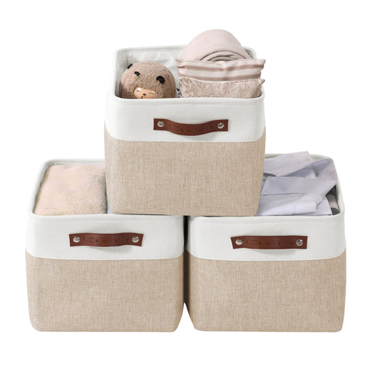 DECOMOMO Storage Bins, Large Fabric Storage Baskets for Shelves, Decorative Linen Closet Organizer, 15 x 11 x 9.5 inches (Beige & White, 3 Pack)