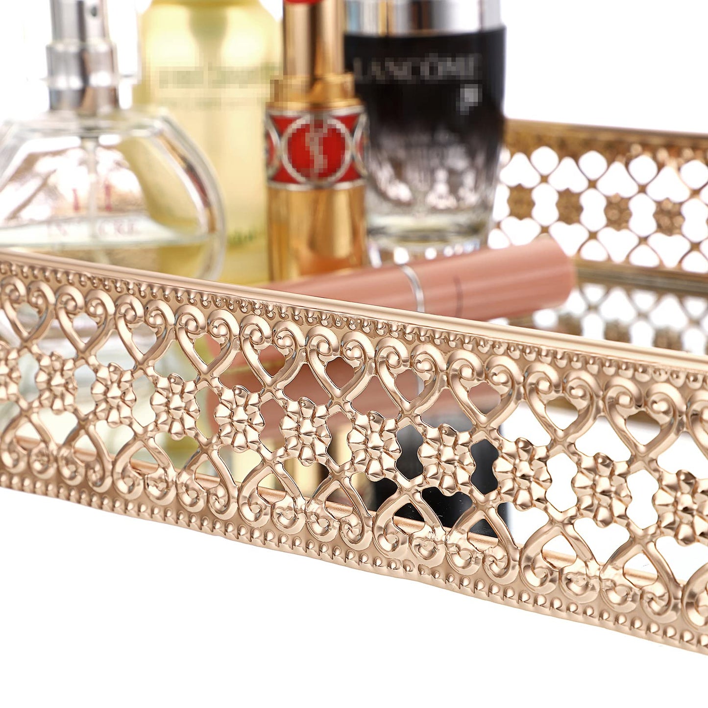 ELLDOO Gold Perfume & Makeup Vanity Tray - Hollow-Carved Jewelry Storage, Glass & Metal Trinket Organizer for Dresser & Bathroom Countertop, Large Size
