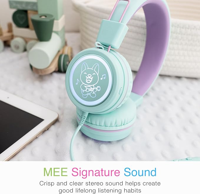 MEE audio KidJamz KJ55 Safe Listening USB-C Headphones for Children with Multicolor LED Lights, Volume Limiter, & Microphone; On-Ear Wired Kids Headset for iPhone 16, iPad, & USB Type C Devices (Mint)