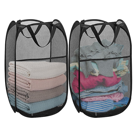 Aplter Pack of 2 Pop Up Laundry Hamper Collapsible Laundry Baskets Black Mesh Laundry Baskets with Portable Handle, Side Pocket for Bedroom, Nursery Room, Travel, Cruise