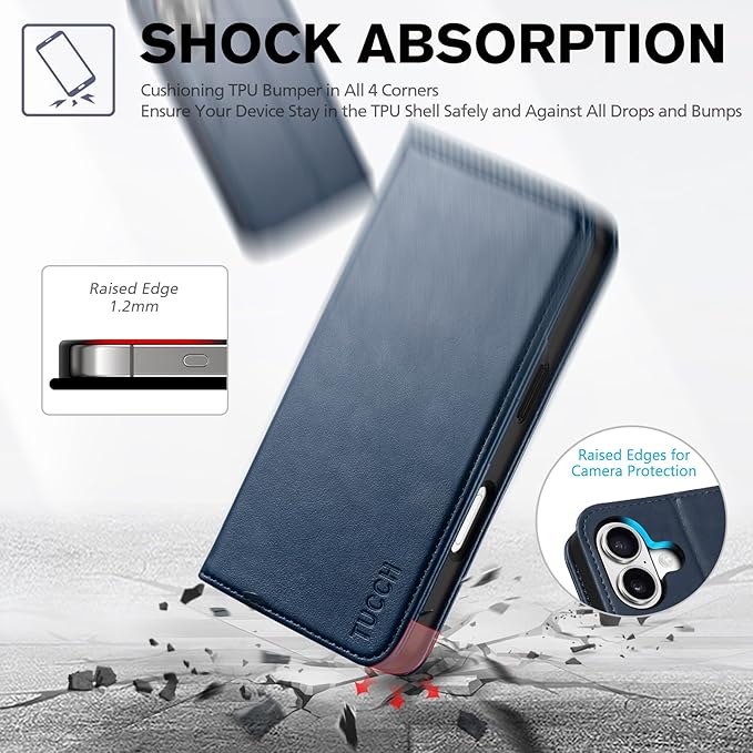 TUCCH Case Wallet for iPhone 17 (6.3-Inch) 2025, 3 Card Slots | Kickstand | RFID Blocking | PU Leather | Protective Flip Folio Cover | TPU Shockproof Interior Shell | Deep Blue