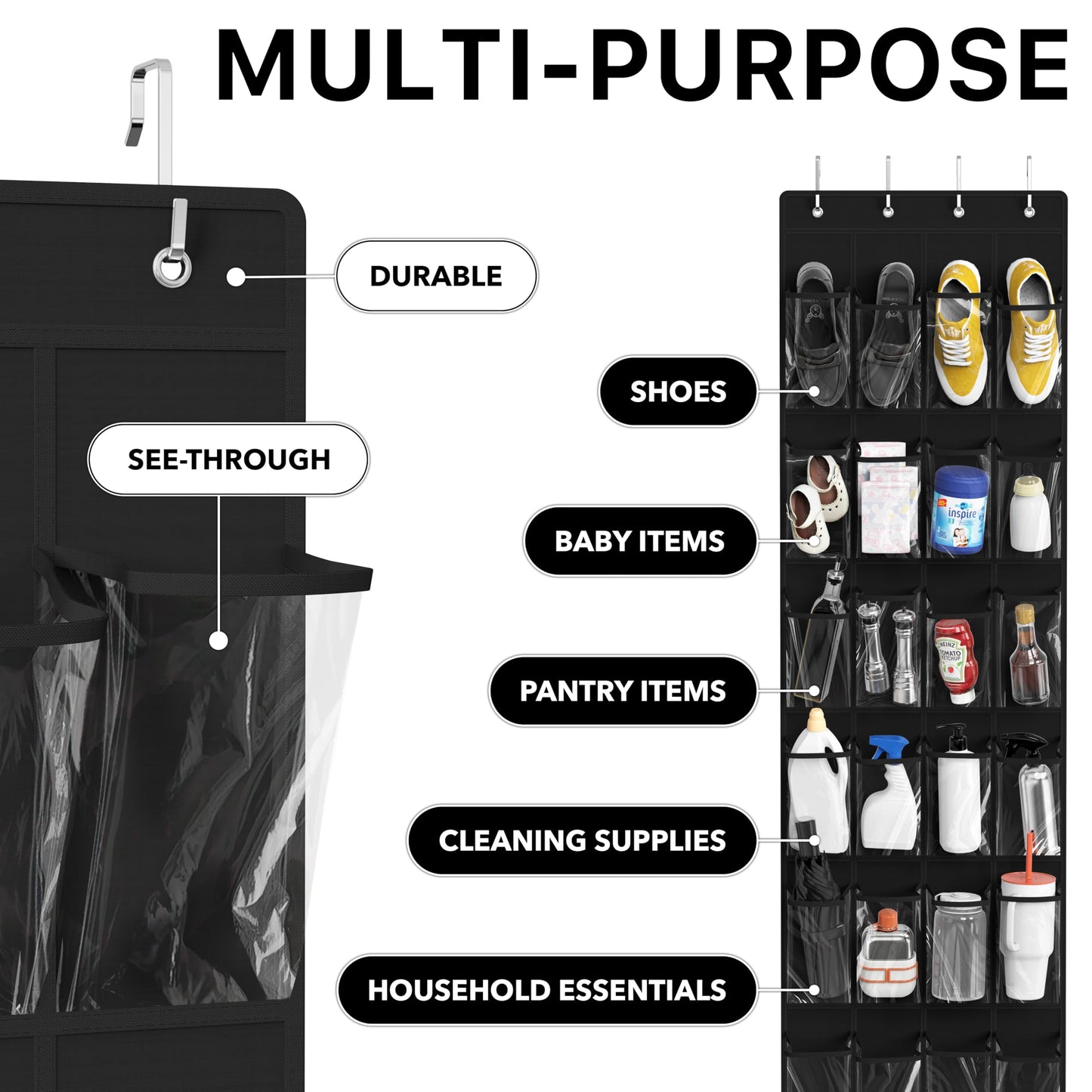 Simple Houseware 24 Pockets - Crystal Clear Over The Door Hanging Shoe Organizer, Black (64'' x 19'')