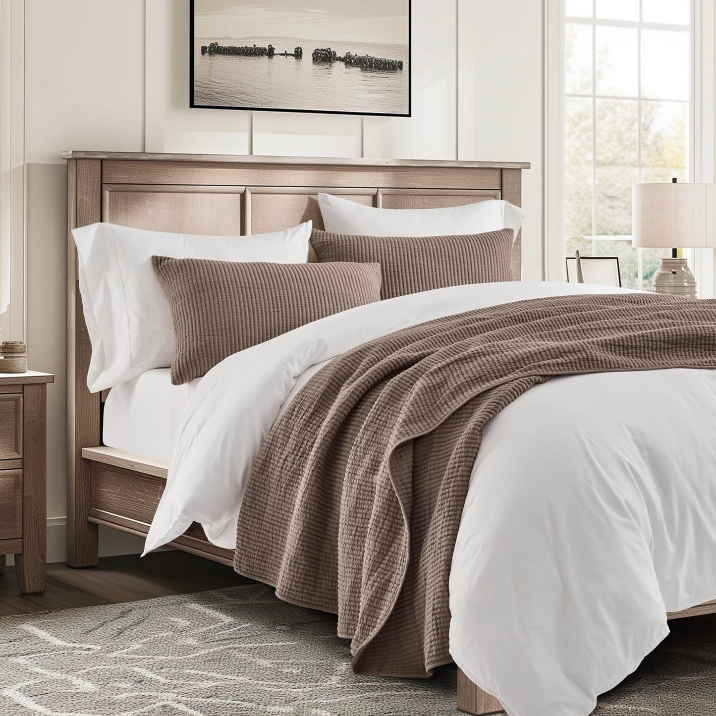 EVERGRACEHOME Cotton Coverlet Set Full Queen Size 3 Pieces, Lightweight Soft Ribbed Matelassé Bedspread Quilt Set, Cozy Oversized Quilted Bedding Set with 2 Pillow Shams for All Seasons, Mocha Brown