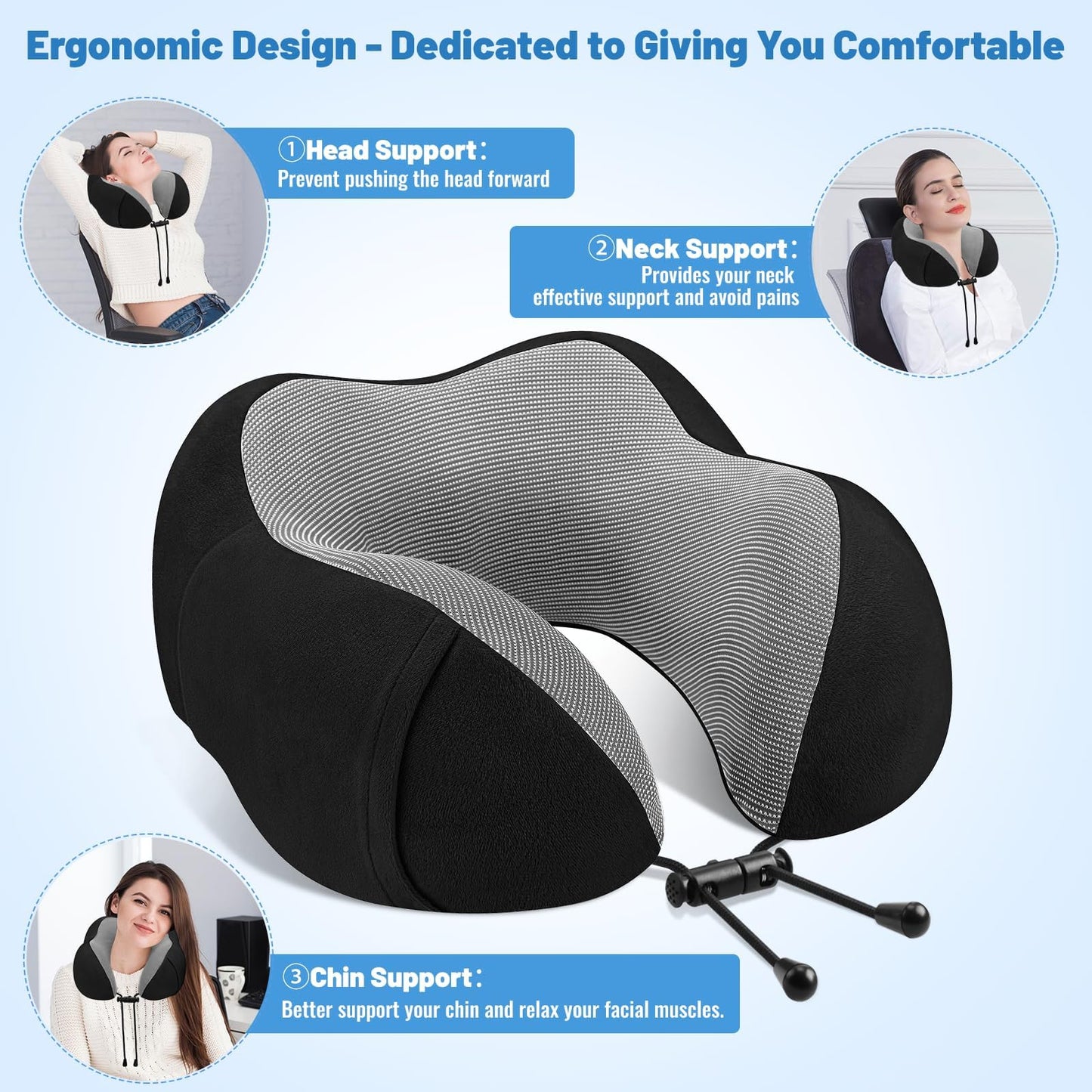 CloudBliss Travel Pillow for Airplane, Memory Foam Neck Pillow for Travel, Compact Flight Pillow with Eye Mask, Earplugs, Carry Bag, Travel Neck Pillow for Long Flight Sleep, Plane Accessories, Black