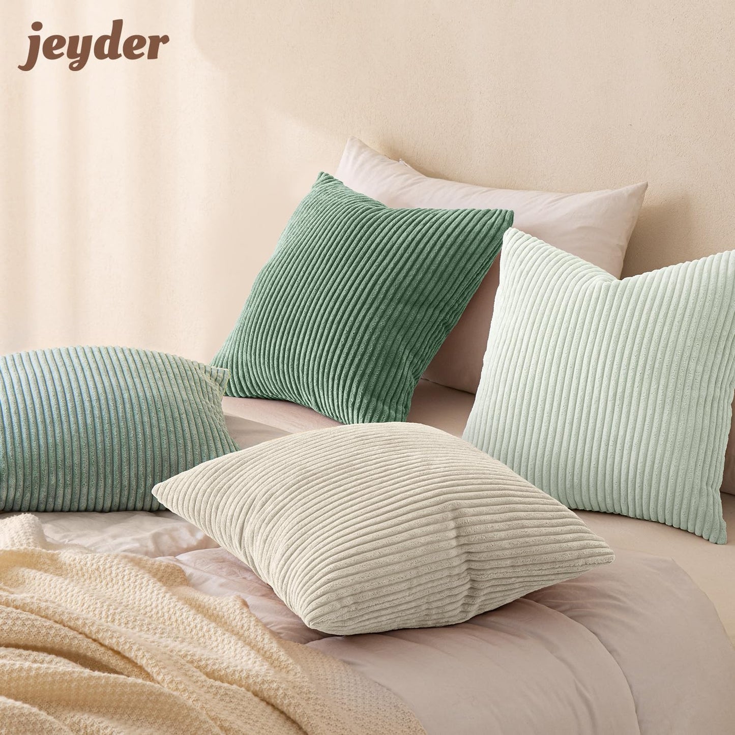 JEYDER Boho Farmhouse Sage Green Mix Throw Pillow Covers 18x18 Inch Set of 4, Striped Corduroy Decorative Pillow Cases, Soft Modern Home Decor for Couch Sofa Living Room Bedroom, All Season S9