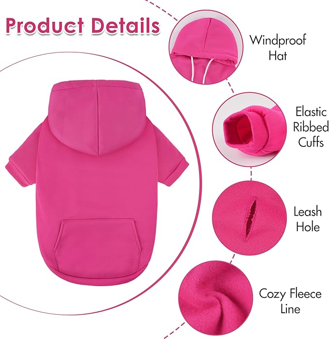 BAOBICUTE Dog Basic Hoodie Soft Dog Clothes Cold Weather Sweaters for Medium Large Dogs Cozy Fabric Warm Sweatshirt with Leash Hole (Rose Pink, XS (Back: 10.24",Chest: 14.96", Neck: 11.42"))